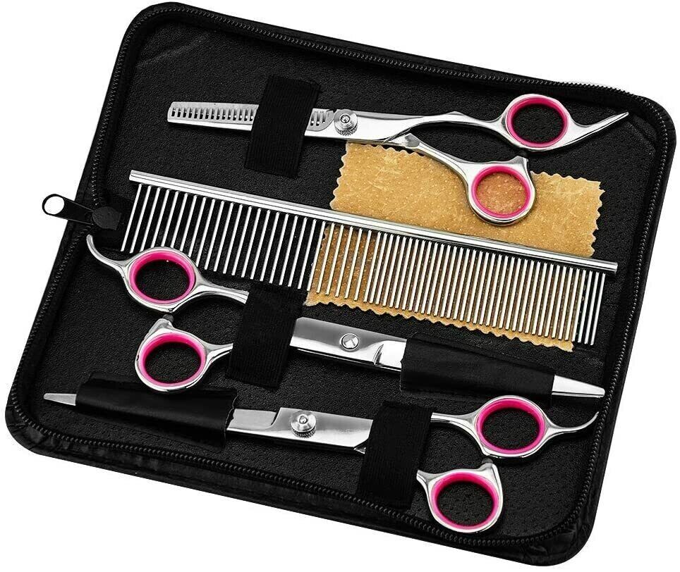 Dog Grooming Scissors Kit — Straight, Curved, Thinning + Comb