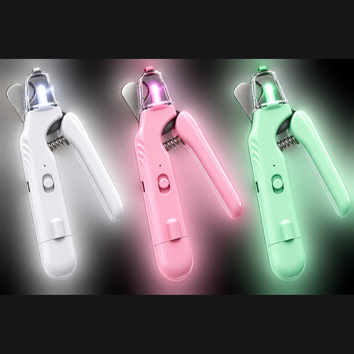 LED nail clippers in white, pink and green with the light on