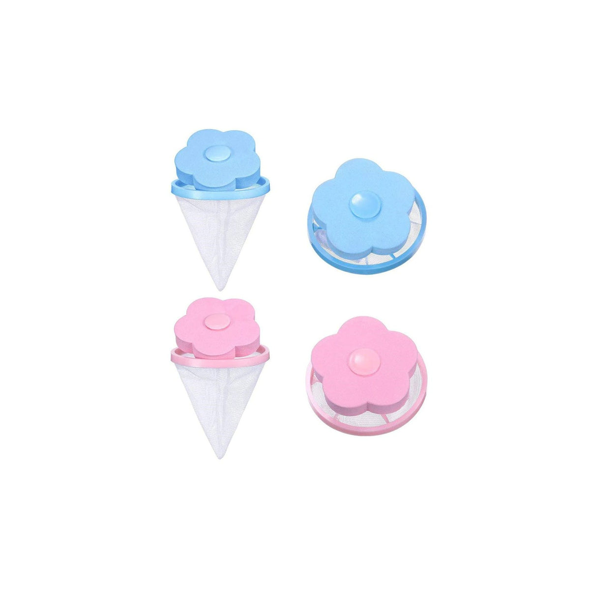 Two floating laundry fur catchers, blue and pink, on white