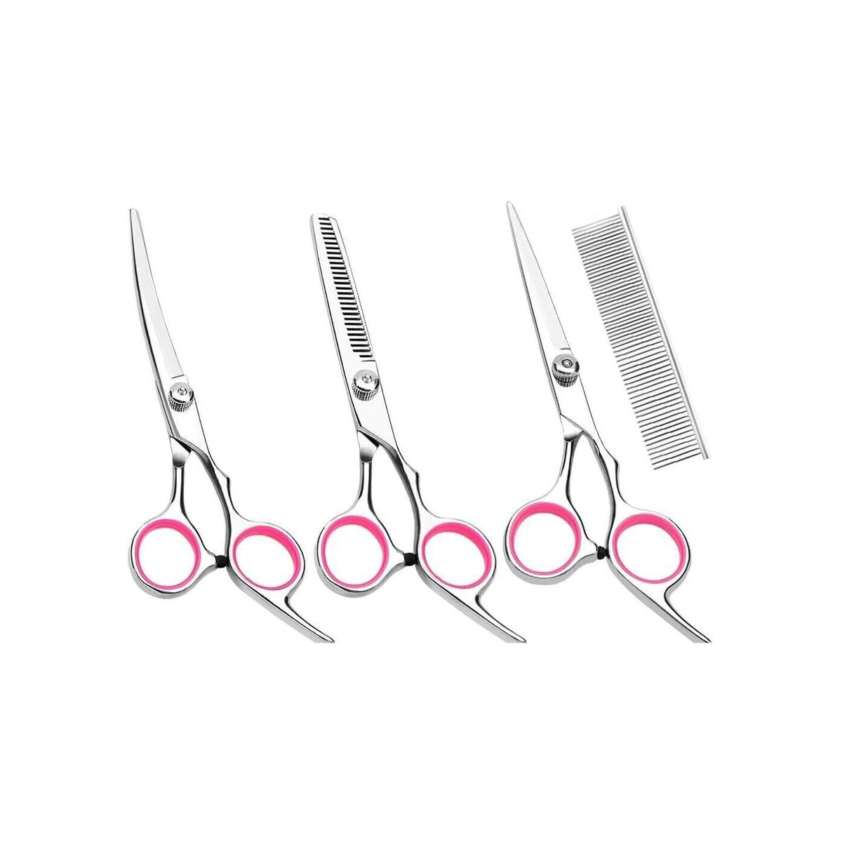 Dog grooming scissors kit: curved, thinning and straight shears with a steel comb, on white