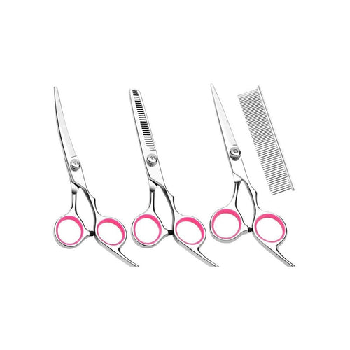Dog grooming scissors kit: curved, thinning and straight shears with a steel comb, on white